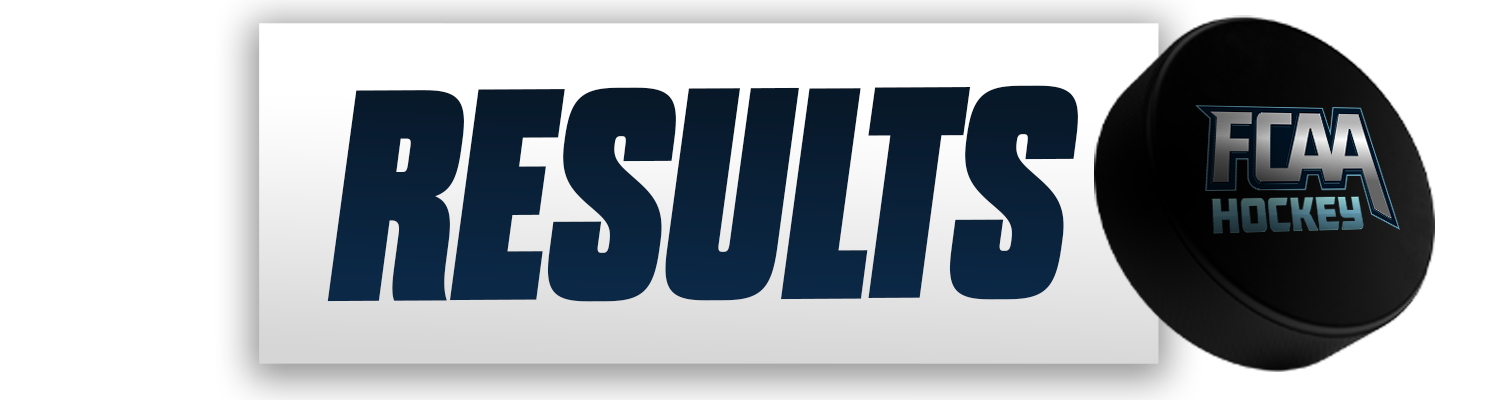 A graphic displaying the word 'RESULTS' in bold dark blue letters alongside a black hockey puck featuring the logo 'FCAA HOCKEY'.